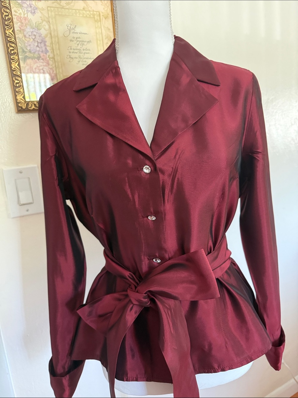 JS Collections Deep Burgundy Satin Button-Up Blouse